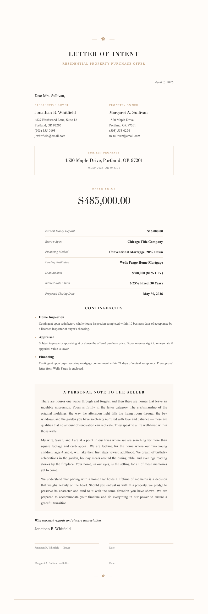 Elegant sophisticated house offer letter
